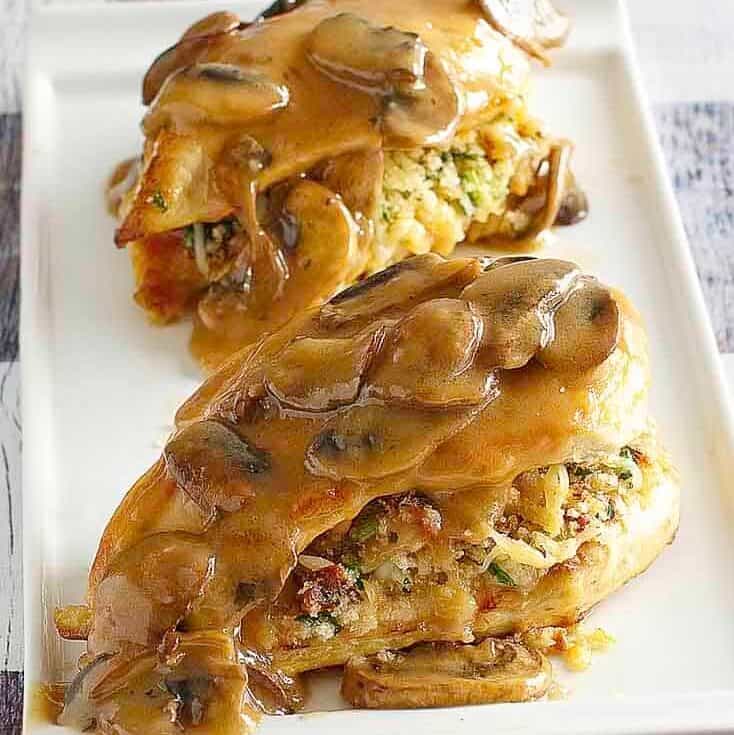 Delicious Chicken Marsala stuffed chicken breasts with mushrooms and flavorful sauce.